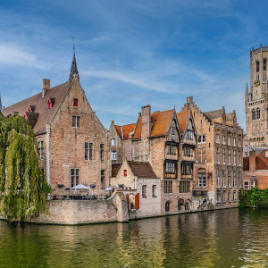 Bruges famous canal and Belfry tower