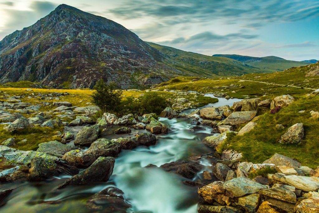Pen yr Ole Wen and mountain stream in Snowdonia National Park Wales