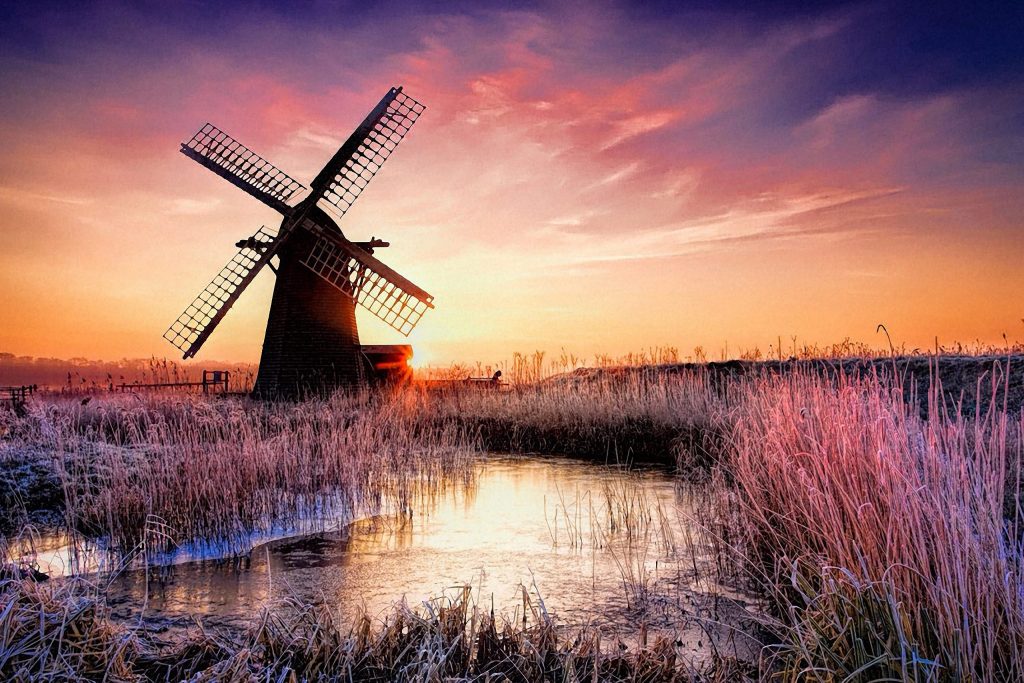 Sunset over Windmill in Norfolk